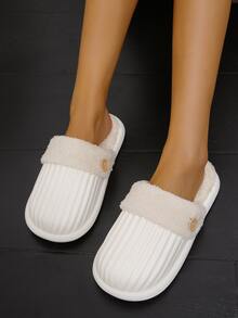 Button Decor Teddy Lined Bedroom Slippers - White - View 3
