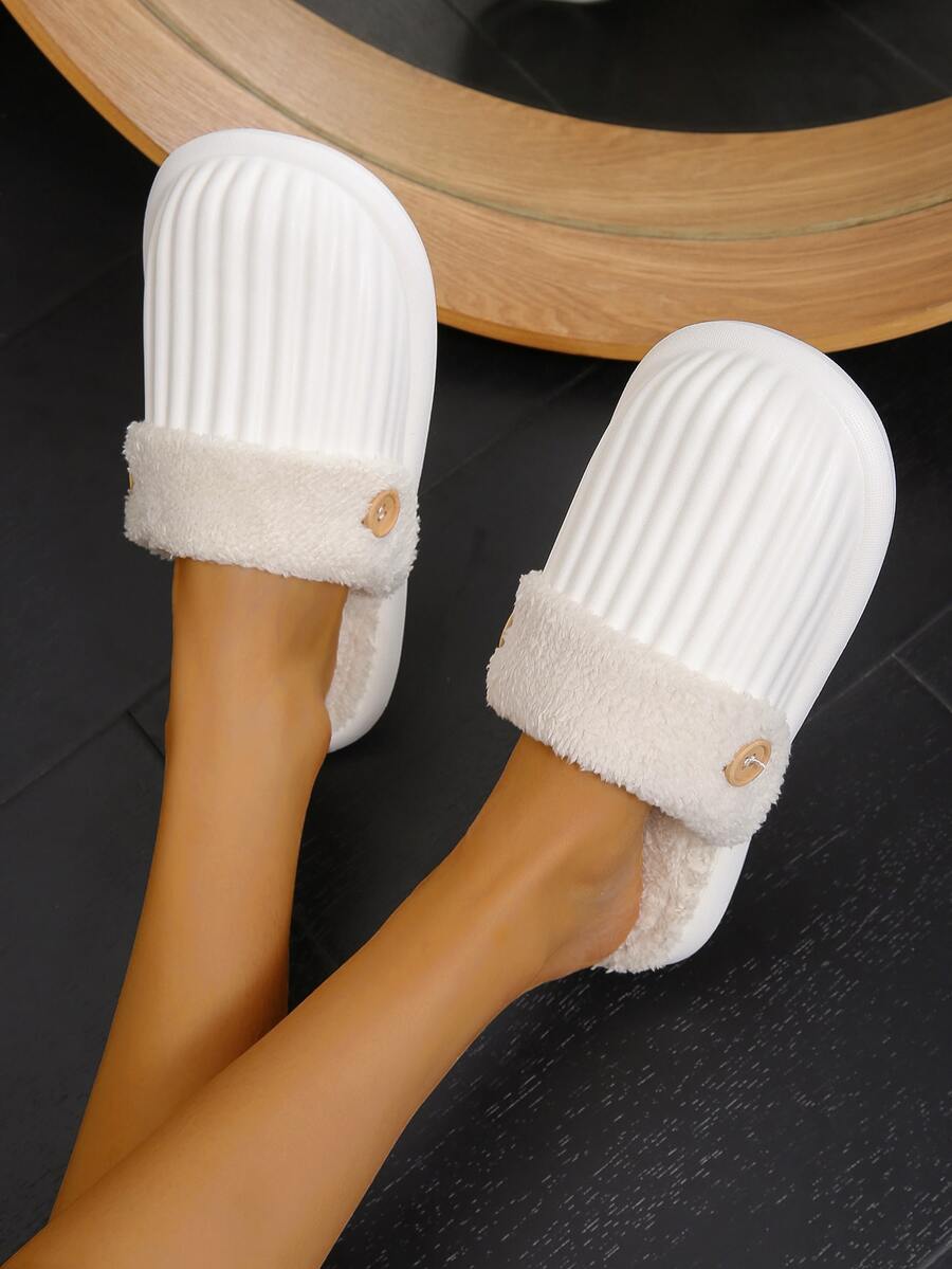 Button Decor Teddy Lined Bedroom Slippers - White - View 1