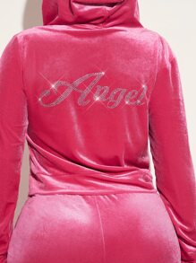 SHEIN SXY Letter Rhinestone Zip Up Velvet Hoodie - Pink - View 4