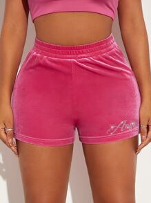 SHEIN SXY Rhinestone Letter Pattern Velvet Shorts - Pink - View 3