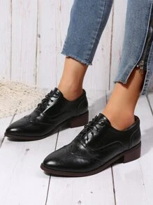 Lace-up Front Wingtip Oxford Shoes - Black - View 2