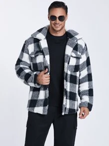 Manfinity 男士格紋印花翻蓋口袋花呢外套 - 黑與白 - 查看 1