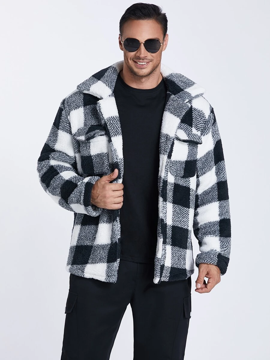 Manfinity 男士格紋印花翻蓋口袋花呢外套 - 黑與白 - 查看 1