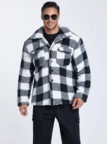 Manfinity 男士格紋印花翻蓋口袋花呢外套 - 黑與白 - 查看 3