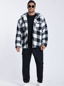 Manfinity 男士格紋印花翻蓋口袋花呢外套 - 黑與白 - 查看 4