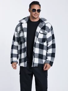 Manfinity 男士格紋印花翻蓋口袋花呢外套 - 黑與白 - 查看 5