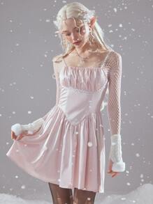 ROMWE Fairycore Vestido de tirantes unicolor pecho con fruncido - Rosa Pálido - Ver 2