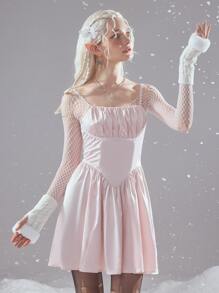 ROMWE Fairycore Vestido de tirantes unicolor pecho con fruncido - Rosa Pálido - Ver 3