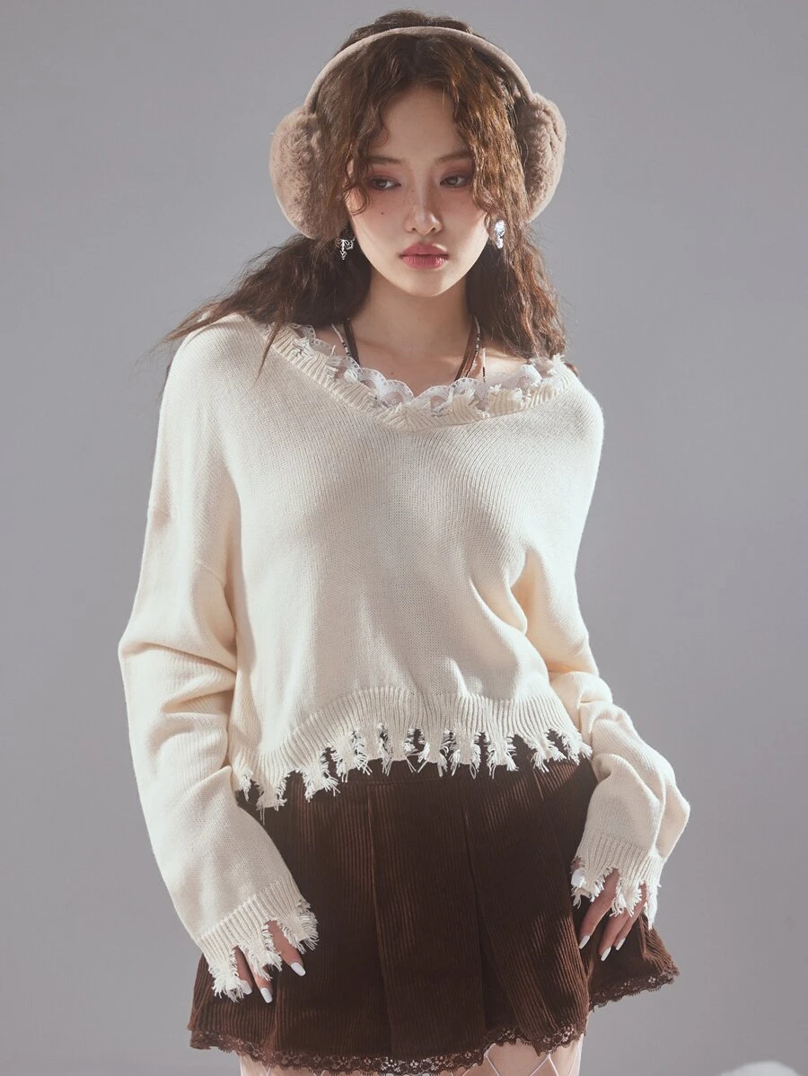 ROMWE Fairycore Guipure Lace Distressed Trim Drop Shoulder Sweater - Apricot - View 1