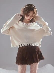 ROMWE Fairycore Guipure Lace Distressed Trim Drop Shoulder Sweater - Apricot - View 2