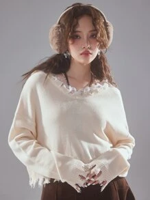 ROMWE Fairycore Guipure Lace Distressed Trim Drop Shoulder Sweater - Apricot - View 3