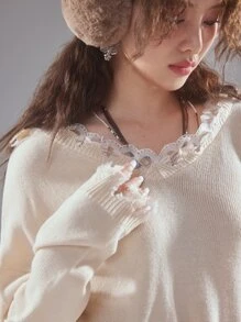 ROMWE Fairycore Guipure Lace Distressed Trim Drop Shoulder Sweater - Apricot - View 4