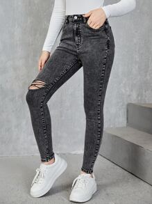 SHEIN Chicas adolescentes Jeans desgarro con bolsillo oblicuo - Gris Oscuro - Ver 1