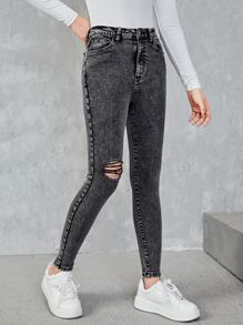 SHEIN Chicas adolescentes Jeans desgarro con bolsillo oblicuo - Gris Oscuro - Ver 3