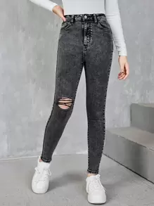 SHEIN Chicas adolescentes Jeans desgarro con bolsillo oblicuo - Gris Oscuro - Ver 4