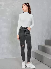 SHEIN Chicas adolescentes Jeans desgarro con bolsillo oblicuo - Gris Oscuro - Ver 5