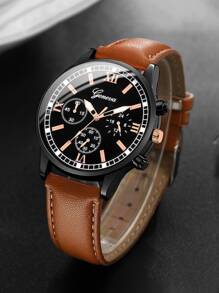 1pc Đàn ông Tối giản Tròn Tròn Đồng hồ thạch anh & Vòng tay 3 chiếc - màu nâu - Xem 4