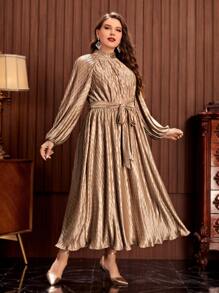 Modelyn 大碼燈籠袖繫腰帶連衣裙 - 香檳色 - 查看 1