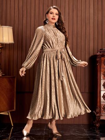 Modelyn Plus Lantern Sleeve Belted Dress