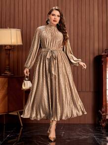 Modelyn 大碼燈籠袖繫腰帶連衣裙 - 香檳色 - 查看 4