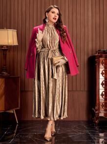 Modelyn 大碼燈籠袖繫腰帶連衣裙 - 香檳色 - 查看 5