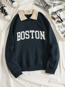 INAWLY Letter Graphic Contrast Collar Quarter Zip Thermal Lined Sweatshirt - Navy Blue - View 1