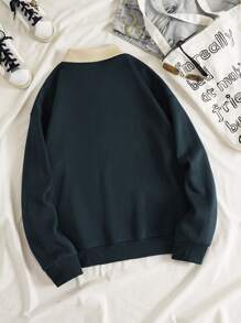 INAWLY Letter Graphic Contrast Collar Quarter Zip Thermal Lined Sweatshirt - Navy Blue - View 2