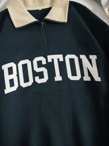 INAWLY Letter Graphic Contrast Collar Quarter Zip Thermal Lined Sweatshirt - Navy Blue - View 4