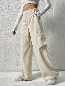 SHEIN EZwear Quần nữ Nút Túi Dây kéo màu trơn Giải trí - Màu be - Xem 2