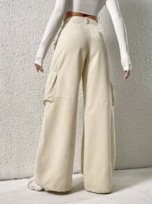 SHEIN EZwear Quần nữ Nút Túi Dây kéo màu trơn Giải trí - Màu be - Xem 3