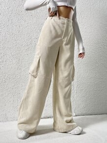 SHEIN EZwear Quần nữ Nút Túi Dây kéo màu trơn Giải trí - Màu be - Xem 4