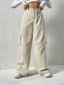 SHEIN EZwear Quần nữ Nút Túi Dây kéo màu trơn Giải trí - Màu be - Xem 1