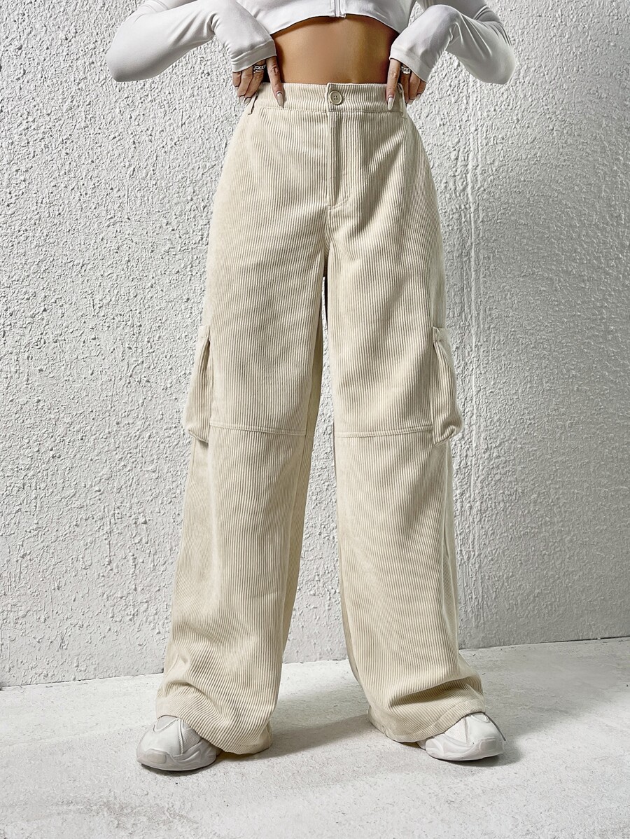 SHEIN EZwear Quần nữ Nút Túi Dây kéo màu trơn Giải trí - Màu be - Xem 1