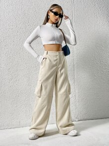 SHEIN EZwear Quần nữ Nút Túi Dây kéo màu trơn Giải trí - Màu be - Xem 5