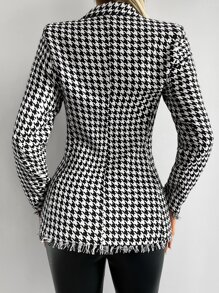 EURMUSE Houndstooth Print Raw Cut Blazer - Black and White - View 2