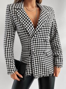 EURMUSE Houndstooth Print Raw Cut Blazer - Black and White - View 3