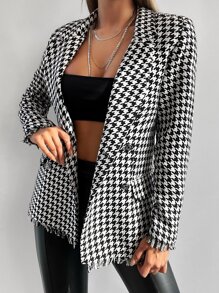 EURMUSE Houndstooth Print Raw Cut Blazer - Black and White - View 4