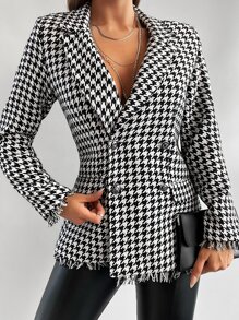 EURMUSE Houndstooth Print Raw Cut Blazer - Black and White - View 5