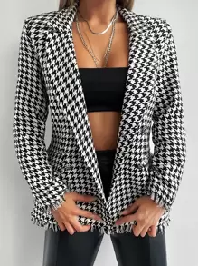EURMUSE Houndstooth Print Raw Cut Blazer - Black and White - View 6