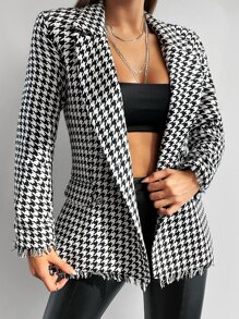 EURMUSE Houndstooth Print Raw Cut Blazer - Black and White - View 7