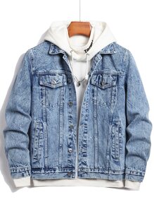 Manfinity Men Flap Pocket Denim Jacket Without Hoodie - Light Wash - View 1