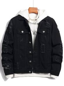 Manfinity Homme 男士棉质破洞翻盖口袋牛仔夹克（不带帽衫），男士黑色牛仔夹克，破洞黑色牛仔夹克，黑色做旧牛仔夹克，秋季 - 黑色 - 查看 1