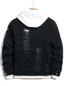 Manfinity Homme 男士棉质破洞翻盖口袋牛仔夹克（不带帽衫），男士黑色牛仔夹克，破洞黑色牛仔夹克，黑色做旧牛仔夹克，秋季 - 黑色 - 查看 2