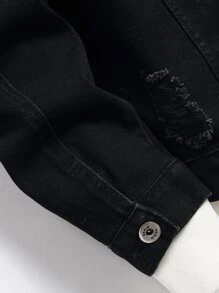 Manfinity Homme 男士棉质破洞翻盖口袋牛仔夹克（不带帽衫），男士黑色牛仔夹克，破洞黑色牛仔夹克，黑色做旧牛仔夹克，秋季 - 黑色 - 查看 4