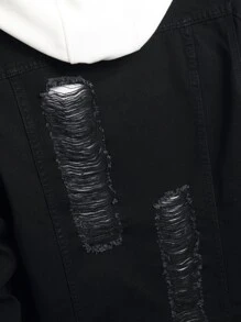 Manfinity Homme 男士棉质破洞翻盖口袋牛仔夹克（不带帽衫），男士黑色牛仔夹克，破洞黑色牛仔夹克，黑色做旧牛仔夹克，秋季 - 黑色 - 查看 5