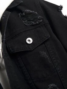 Manfinity Homme 男士棉质破洞翻盖口袋牛仔夹克（不带帽衫），男士黑色牛仔夹克，破洞黑色牛仔夹克，黑色做旧牛仔夹克，秋季 - 黑色 - 查看 6