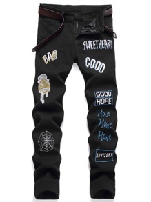 Manfinity LEGND Men Cartoon & Letter Graphic Jeans - Black - View 4
