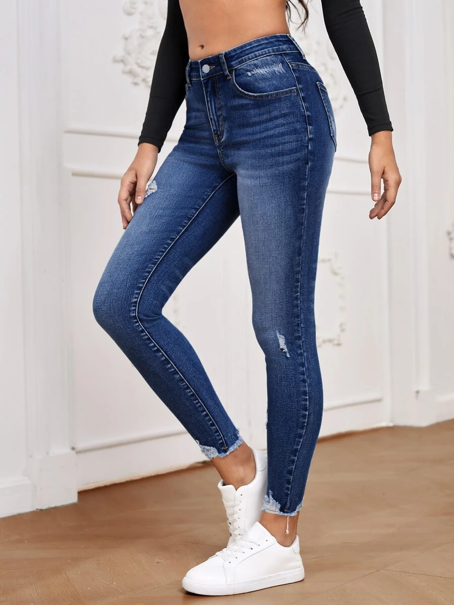 SHEIN Essnce High Waist Ripped Raw Hem Skinny Jeans - Dark Wash - View 1