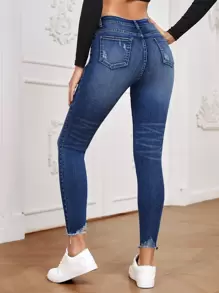 SHEIN Essnce High Waist Ripped Raw Hem Skinny Jeans - Dark Wash - View 2