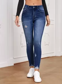 SHEIN Essnce High Waist Ripped Raw Hem Skinny Jeans - Dark Wash - View 3